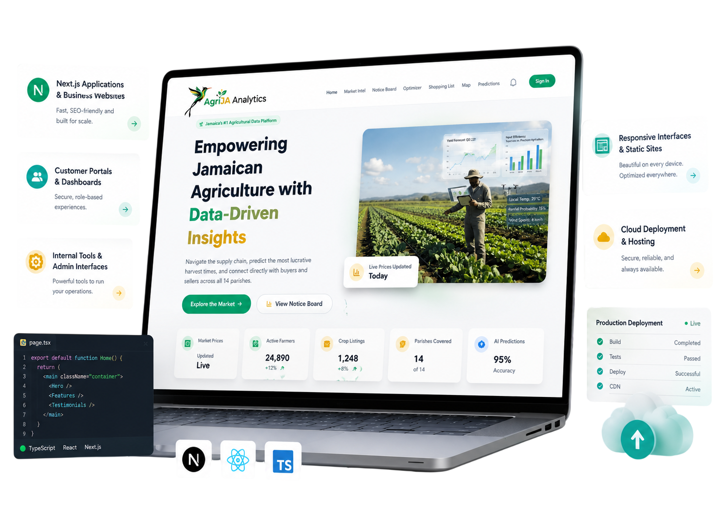 Web development A desktop and tablet composition showing a polished business website, dashboard or internal web application.
