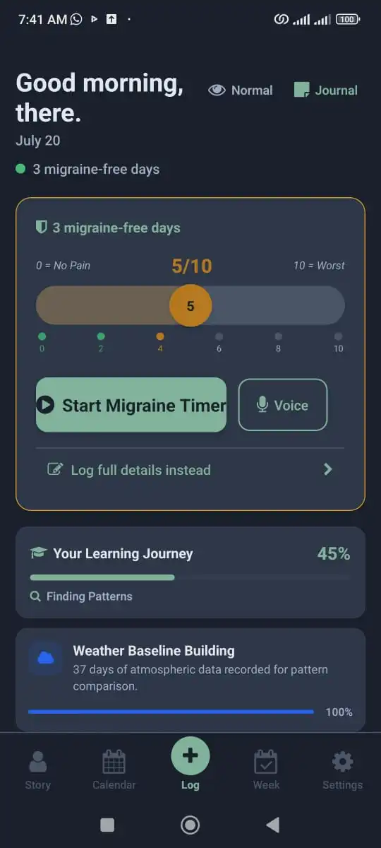 Nimbus Shield : Home dashboard Home screen showing current migraine status, quick logging controls and the main intelligence card.